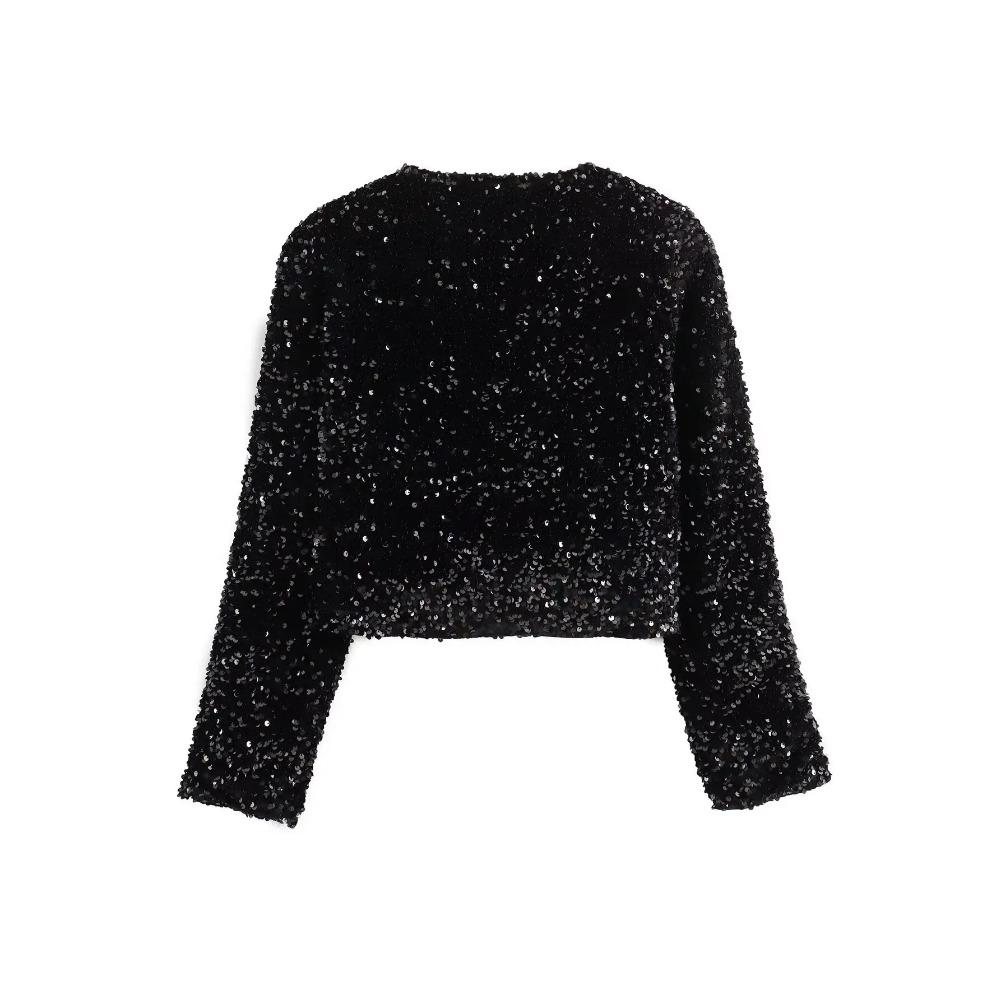 Fashion Holiday Tie-front Sequined Jacket for Women Y2K Shiny Chic Cropped Coat Female Elegant Long Sleeve Lady Party Outerwear