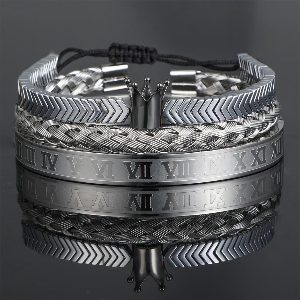 European and American retro crown woven bracelet, Roman letter stainless steel mesh open bracelet set three pieces men