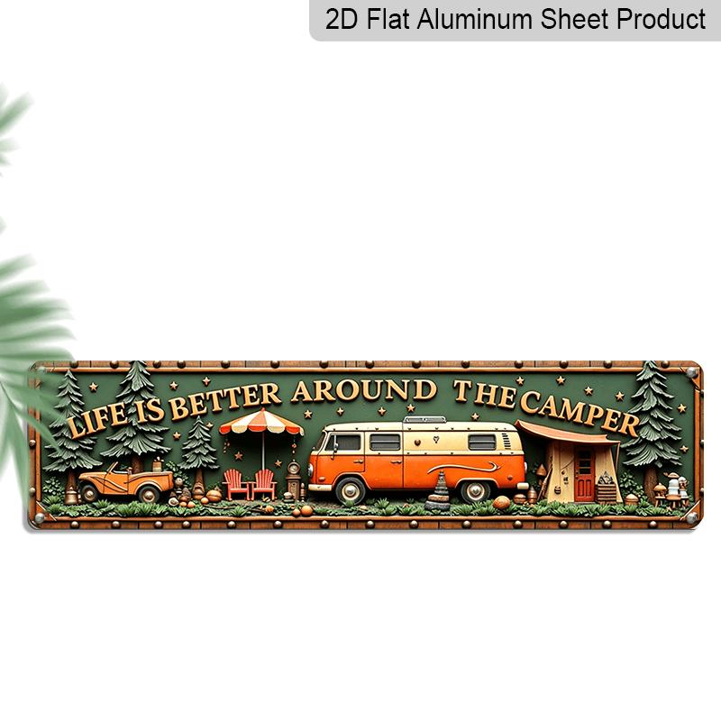 2D Flat, Vintage Camper Van & Retro Outdoor Wall Sign - Metal Rustic Decor Suitable for Bars, Living Rooms, Campgrounds, Christmas & Thanksgiving