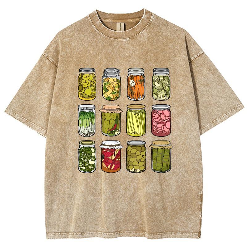 Футболка женская с рисунком консервированных огурцов, винтажный дизайн из стираного хлопка с круглым вырезом и короткими рукавами, базовые футболки