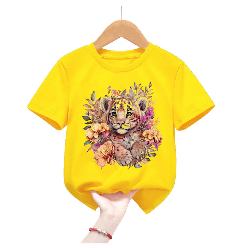 Kids Yellow Short Sleeve T Shirt Watercolor Floral Baby Tiger Cub Print Crew Neck Casual Summer Boys Girls Top