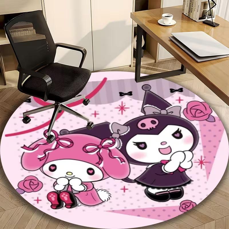 Sanrio Melody Kuromi Round Area Rug Cute Sanrio Dual Character Pink Rose Soft Circle Carpet for Girls Bedroom Gaming