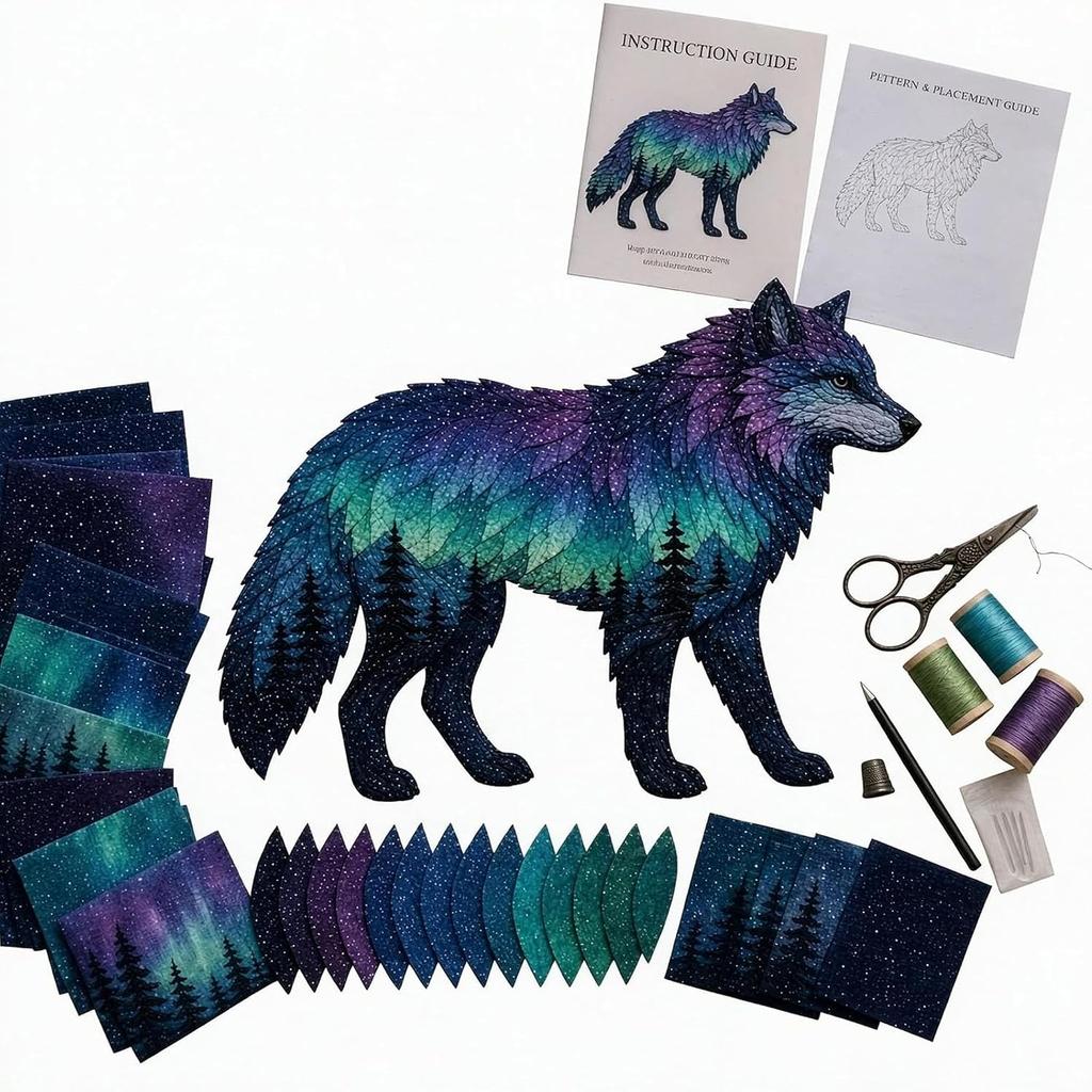 Handmade patchwork material package Northern Lights animal pattern DIY embroidery set Northern Lights wolf