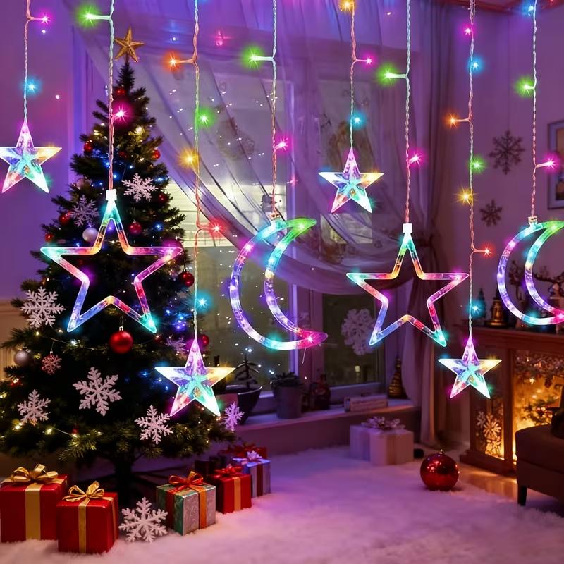 Christmas Curtain Light USB Powered Warm White Multicolor LED Star Moon String Light for Bedroom Window Xmas Decor New Year Gift