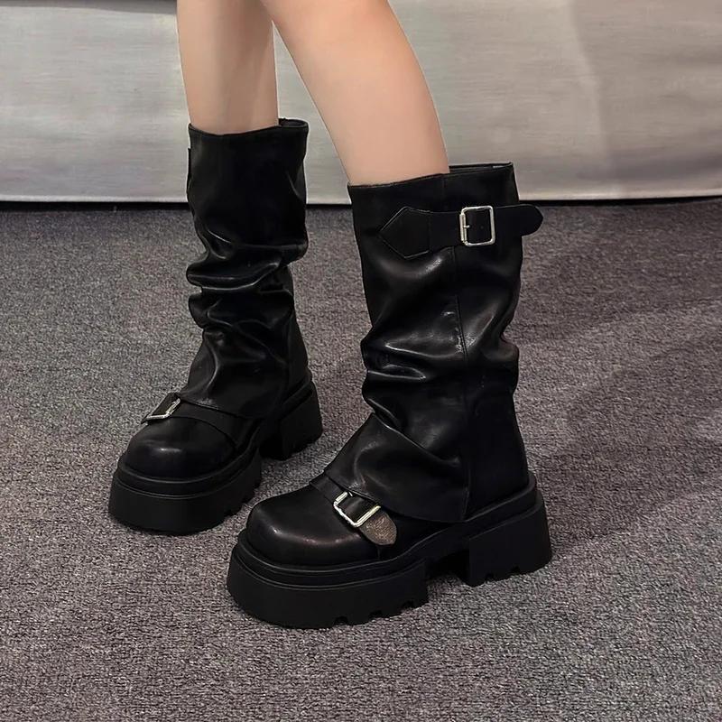 Shoes for Women 2024 High Quality Slip-on Women's Boots Fashion Belt Buckle Modern Boots Women Winter Platform Mid-Calf Boots