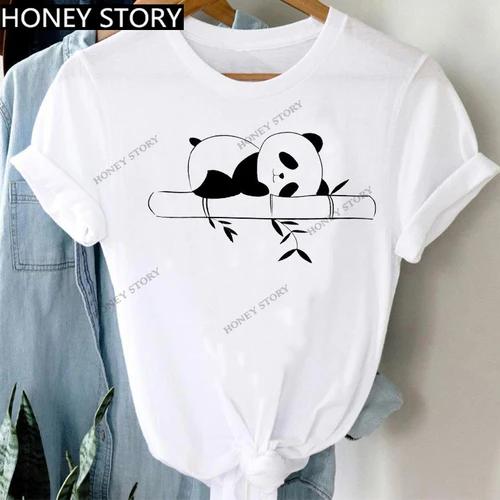 Women's Animal Panda Alpaca Print Loose T-shirt Aesthetic Graphic Top Summer Fashion Polyester Fabric Student Base Layer Shirt