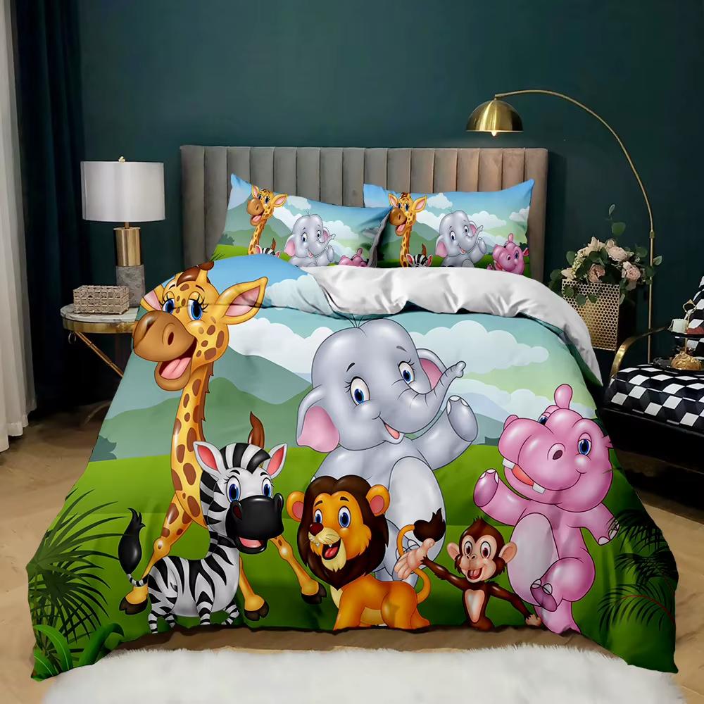 Забавная Мультяшная Животная Пододеяльник Покрывало с Изображением Животных Сафари Тема Зоопарка Набор Постельного Белья Джунгли Покрывало с Жирафом Змеей Бегемотом