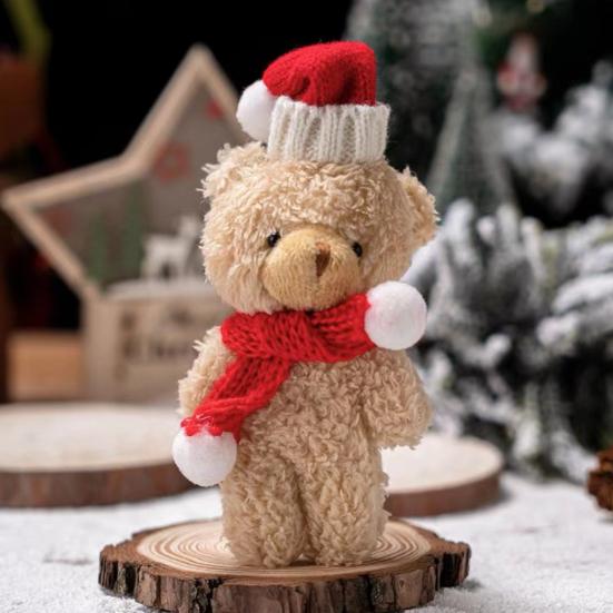 Плюшевый медведь Рождественское украшение Маленький мягкий медведь в вязаной шапке и шарфе Милые животные Настольное украшение для рождественских сувениров