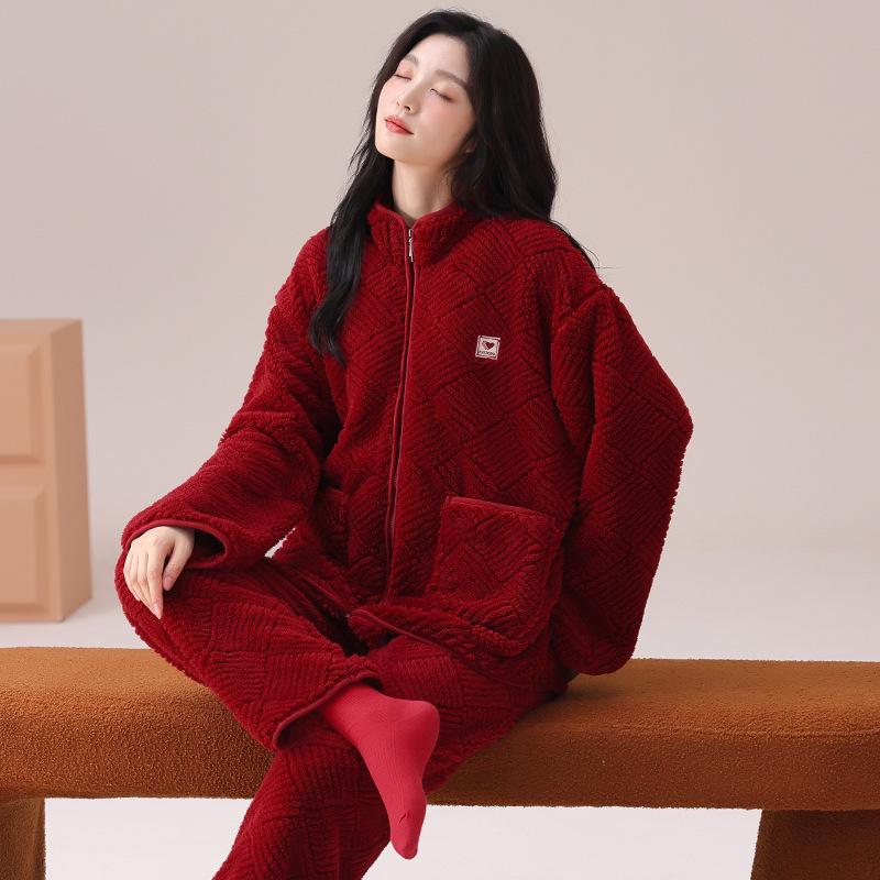Red Pajamas Women'S Autumn And Winter Flannel Coral Fleece Pajamas Men'S Festive Wedding Couple New Set
