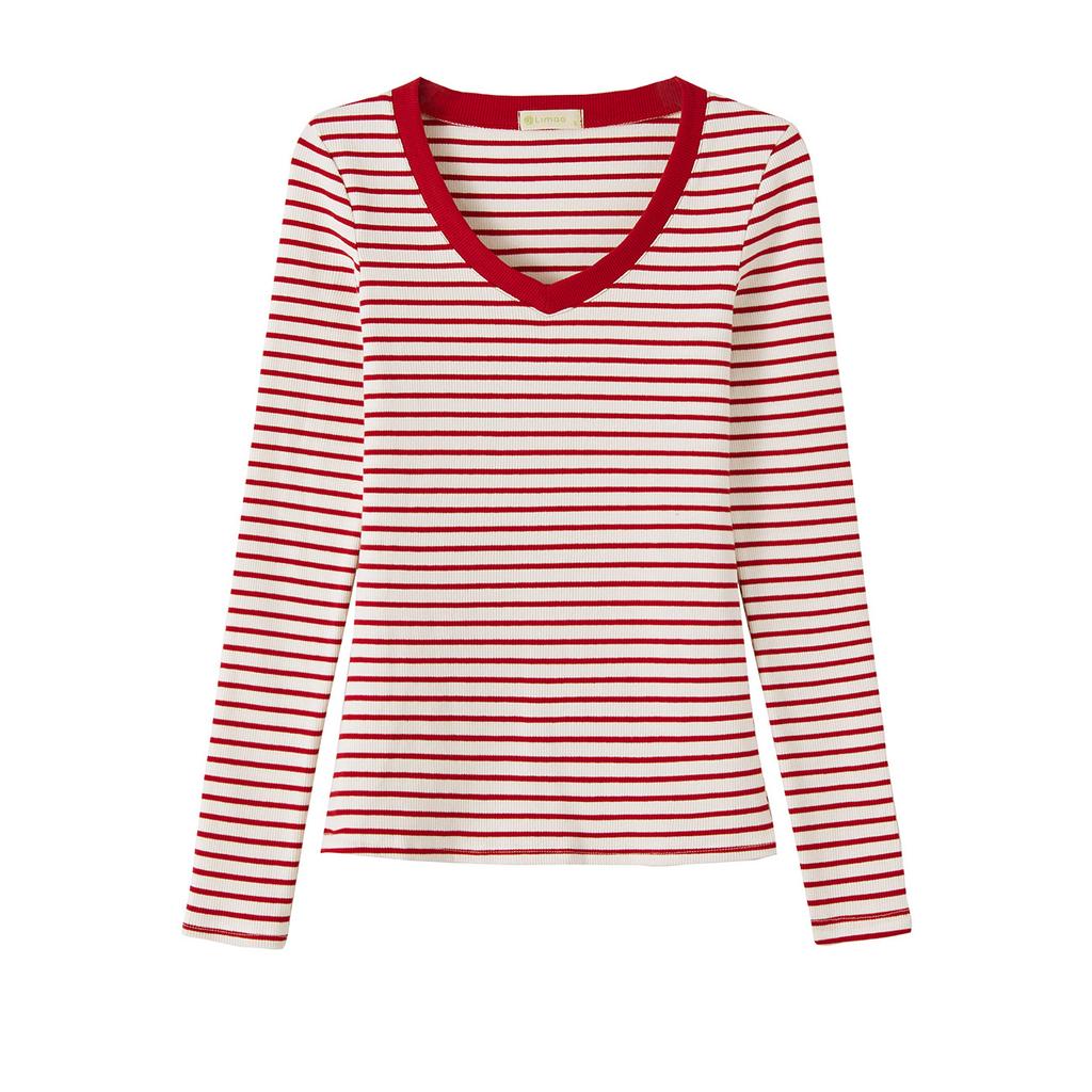 Striped V-neck Long Sleeve T-shirt for Women In Autumn New Style Slim and Versatile Shoulder Top