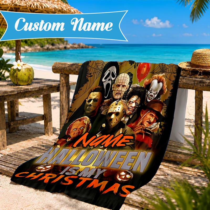 Custom Name Halloween Horror Christmas Beach Towel Microfiber Beach Towel, Lightweight and Quick-Dry, for Summer Travel, Swimming Pool Gift