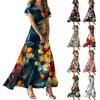 Women's Casual V-neck Short Sleeve High Waist Retro Flower Leaf Print Dress