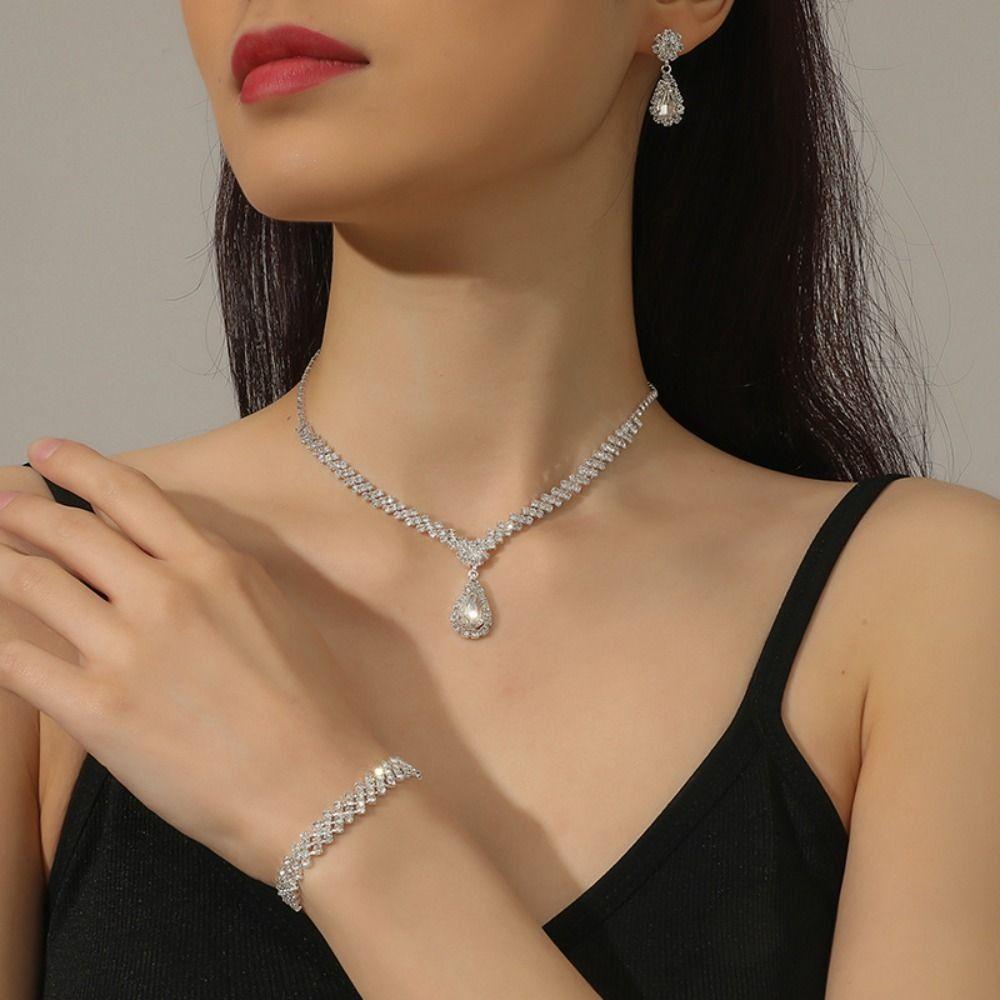 Luxury Necklace Earring Set Elegant Rhinestone Bracelet Water Drop Bridal Jewelry Set Wedding