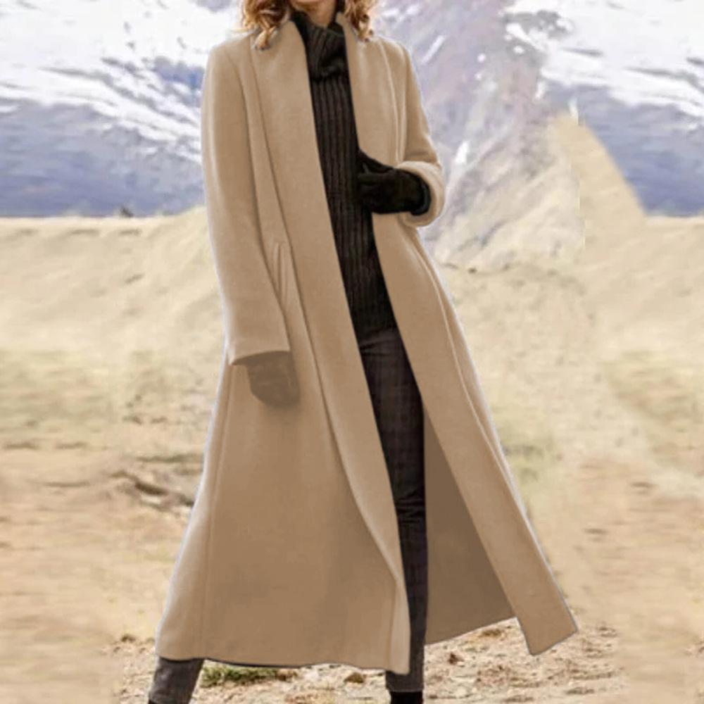 Women's Winter Extra-Long Literary Comfortable Coat Solid Color Casual Plus Size Wool Trench Coat