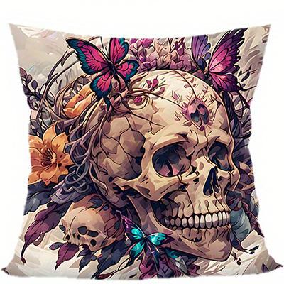 Home Decor Skull & Butterfly Floral Pattern Pillow Cover Pattern Cushion Cover Suitable for Sofa Bedroom Car Pillow Cover