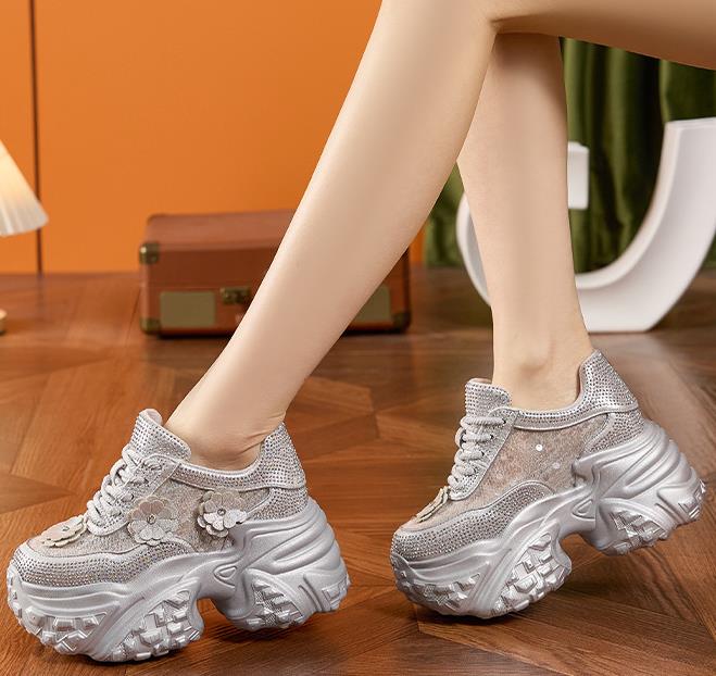 Модные Высокие 10СМ Воздушная Сетка Синтетическая Кожа Блестящие Повседневные Платформа Танкетка Балетки Женские Вулканизированные Полые Летние Массивные Кроссовки Обувь