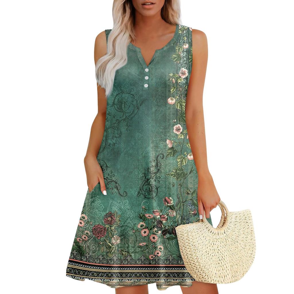 Женские летние платья Свободные сарафаны без рукавов с V-образным вырезом Платье с карманами