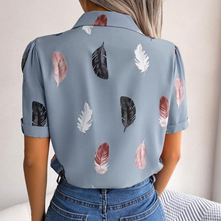Women's Summer Casual Loose Feather Collar Short Sleeve Blouse Top All Match Shirt Suit