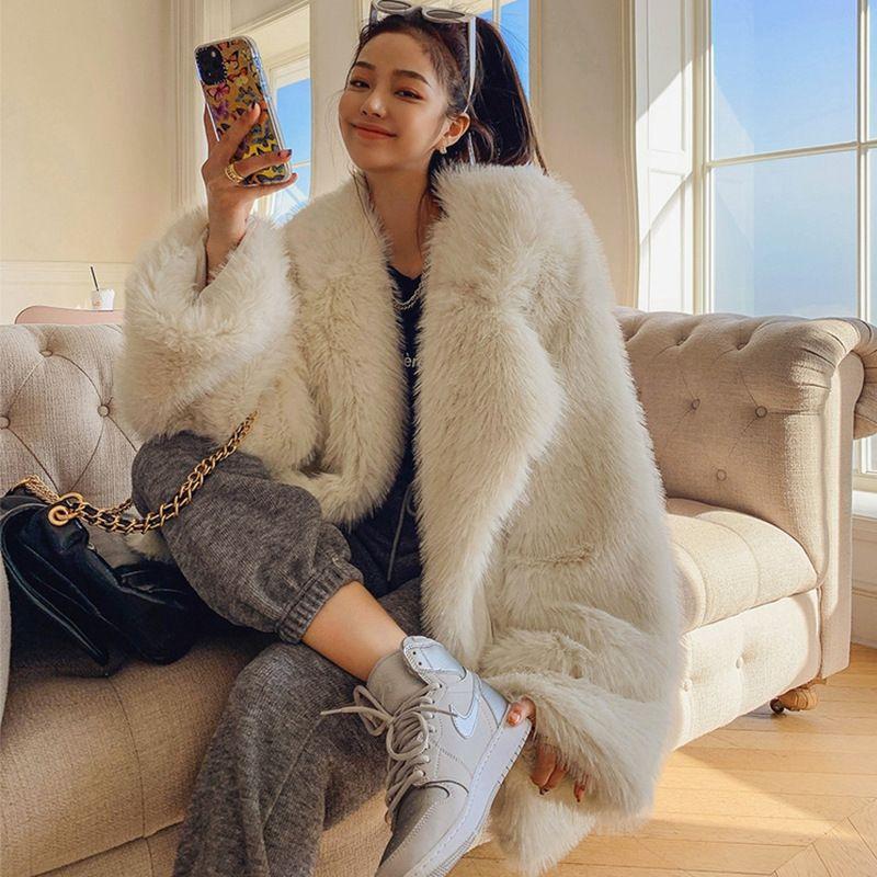New winter imitation fox fur jacket, suit collar medium and long women's fashion loose suit collar coat