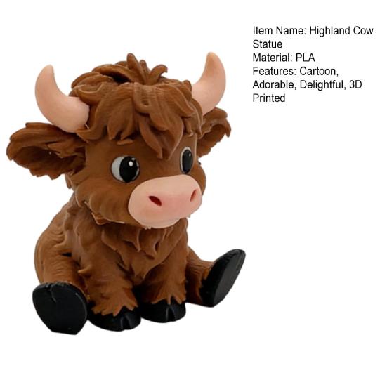 Мини-фигурка милой шотландской коровы, 3D-печать, мультяшная статуэтка сидящего бычка, коллекционный животный орнамент для декора дома, офиса, стола, полки