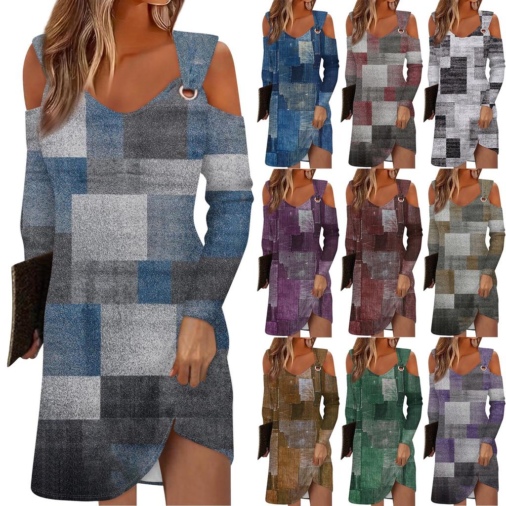 Женское осеннее и зимнее повседневное модное длинное платье с v-образным вырезом и длинным рукавом с принтом и карманом