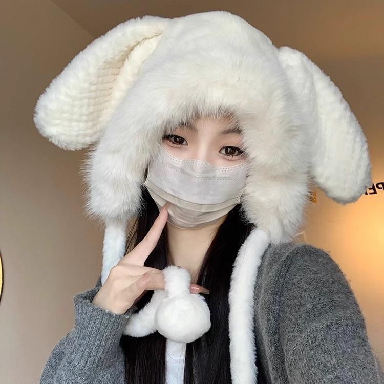 Women's Hat Furry Hat Female Winter Cute Plush Models Rabbit Ears Big Head Circumference Thickened Warm Knitted Wool Thunderbolt Hat