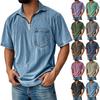 Men's Summer Solid Color Vintage Zipper Pocket Lapel Short Sleeve Shirt Tops
