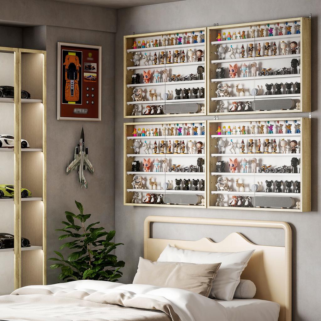 Wall-mounted display case, 80 x 9.5 x 60 cm, 4 height-adjustable shelves, 2 sliding glass doors
