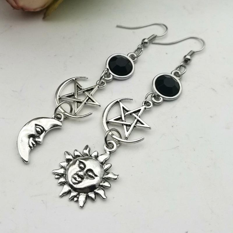 Gothic Retro Black Zircon Sun Moon Mango Star Long Pendant Dangle Earrings for Women Bohemian Fashion Jewelry Accessories Gifts