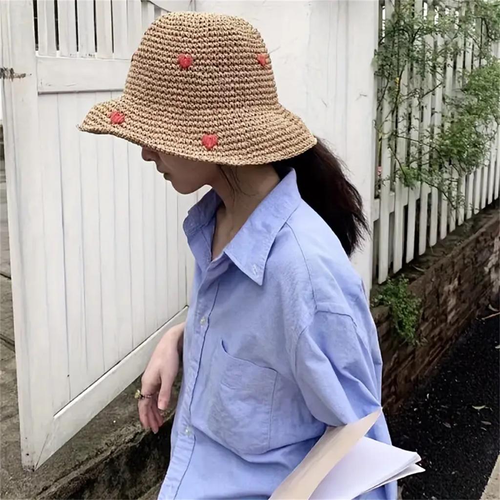 Соломенная шляпа рыбака с волнистыми полями в стиле Инстаграм, женская летняя плетеная соломенная шляпа с любовью, праздничная пляжная дышащая солнцезащитная