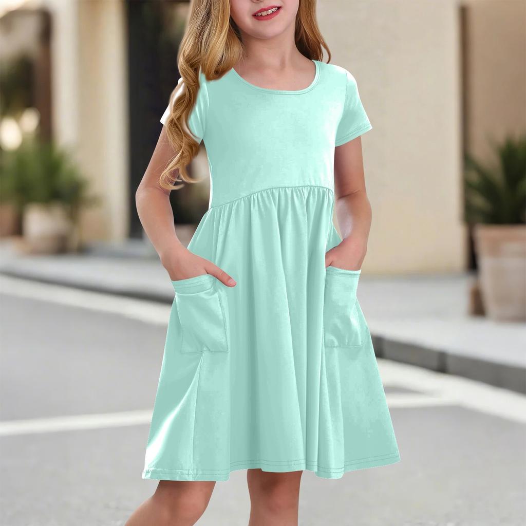 Children's Skirt Round Neck Short Sleeve Princess Dress Fashion Casual Pocket Dress For Girls