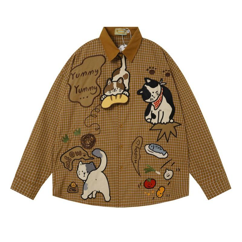 American Vintage Cat Embroidered Plaid Long Sleeve Shirts Loose Fit Couples