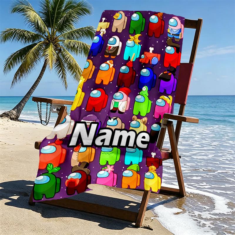 Custom Name Personalized Among Us Print Beach Towel, for Trip Camping Beach Party Home Decor, Birthday Gift for Family & Friends