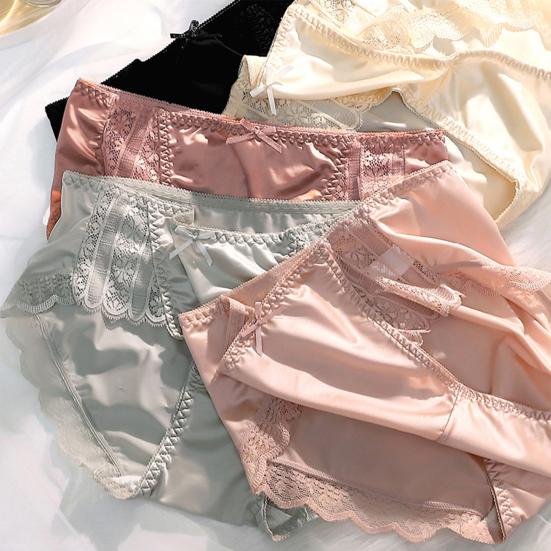 Smooth Satin See-through Lace Stitching Briefs Sexy Bowknot Decor Mid-rise Hip Lifting Breathable Thin Women Panties