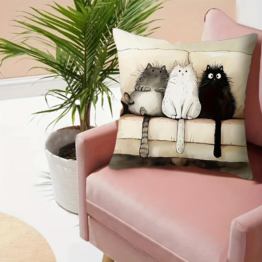 Cute Three Fluffy Cats Pillow Cover Cartoon Print Cushion Case Cat Lover Cozy Home Decor Gift