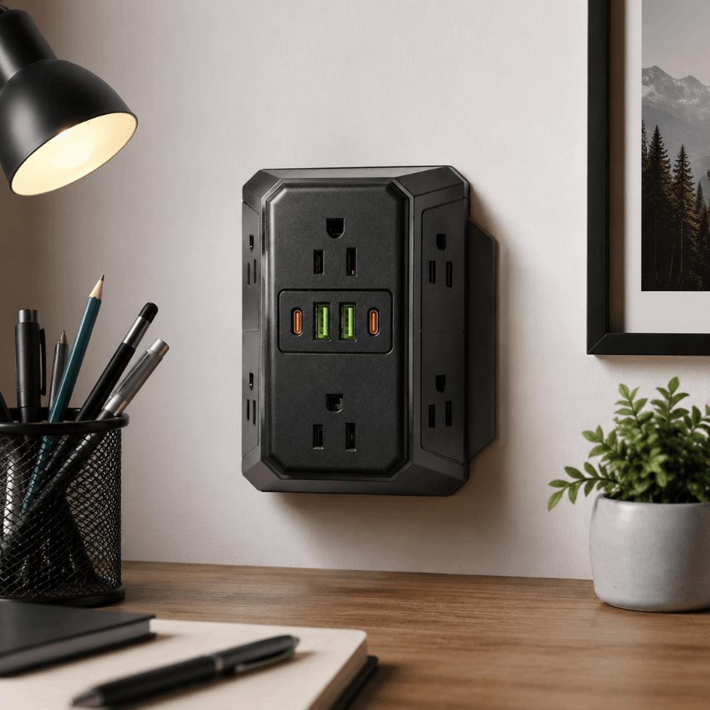 Multiple USB Ports Wall Mounted Power Socket US Plug Six Outlet Power Splitter for US Office Use