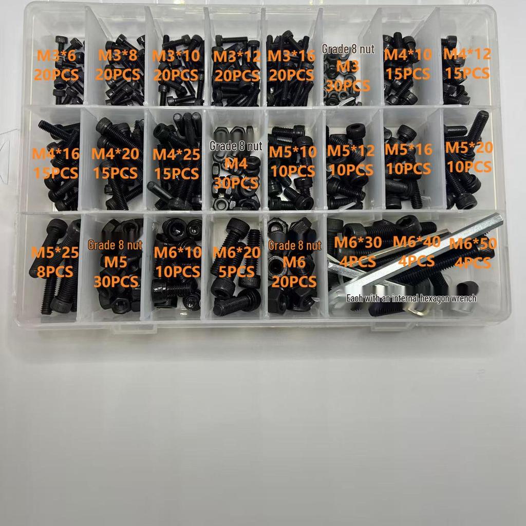 360-Piece High Strength Grade 12.9 Internal Hex Socket Screw and Hex Nut Set (M3, M4, M5, M6)
