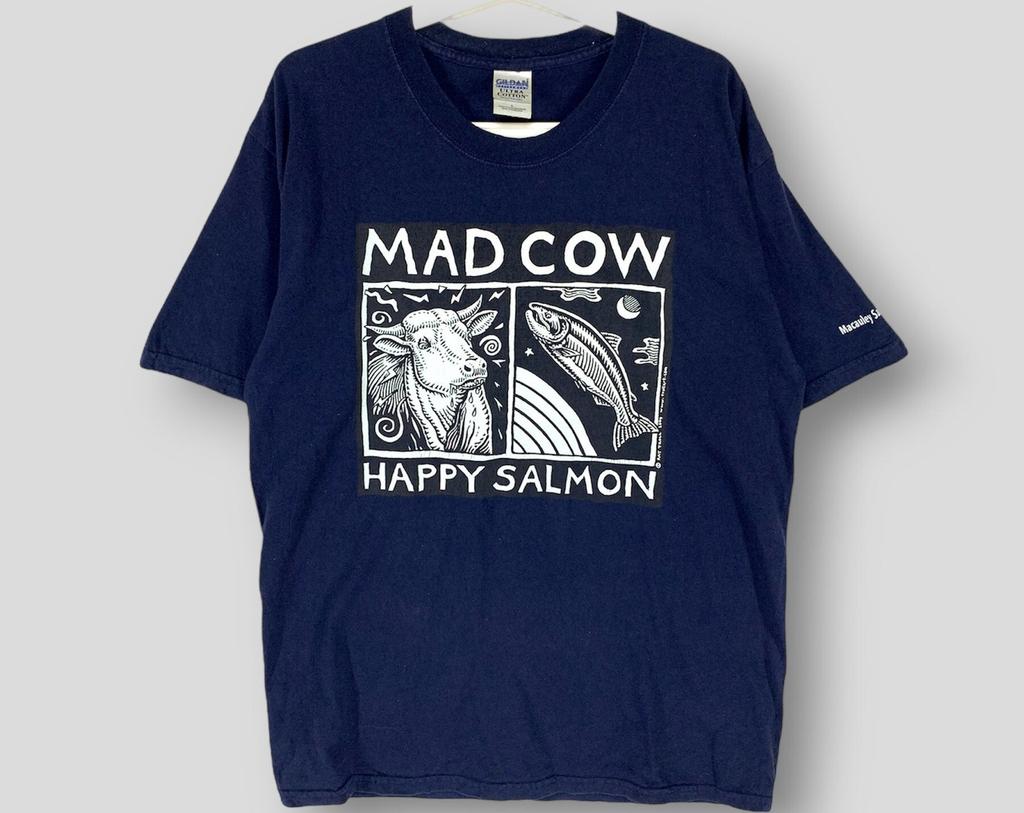 Vintage Ray troll mad cow happy salmon T-Shirt collectible art tee casual outfit blue Large