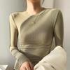 Высокоэластичная хлопковая нить с обтягивающим длинным рукавом, верхняя часть футболки на осень и зиму, новый тип плеча, маленькая круглая горловина, нижняя часть рубашки для женщин