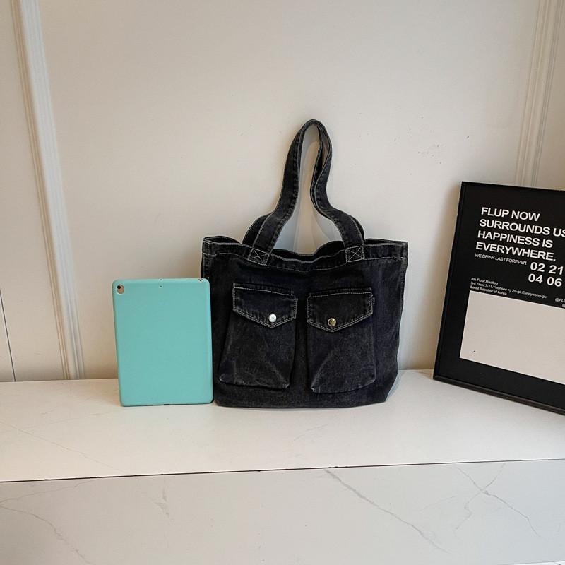 Fashionable Womens Tote Bag In Denim Fabric With Double Shoulder Straps For Commuting