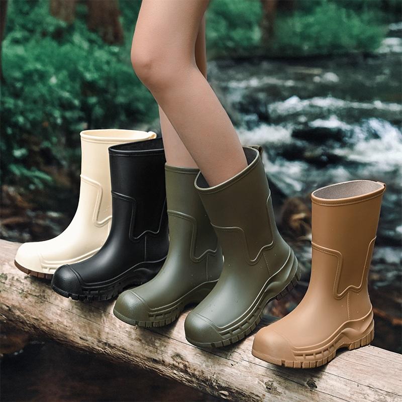 Mid Calf Rain Boots Seamless Waterproof PVC Rubber Wellies Anti Slip Thick Sole Outdoor Garden Work Rain Shoes