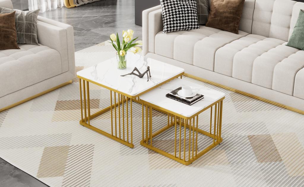 2-Piece Set of Square High-Gloss Marble-Look Coffee Tables, Nesting Tables with Golden Legs, 60*60*45cm and 45*45*40cm, Versatile