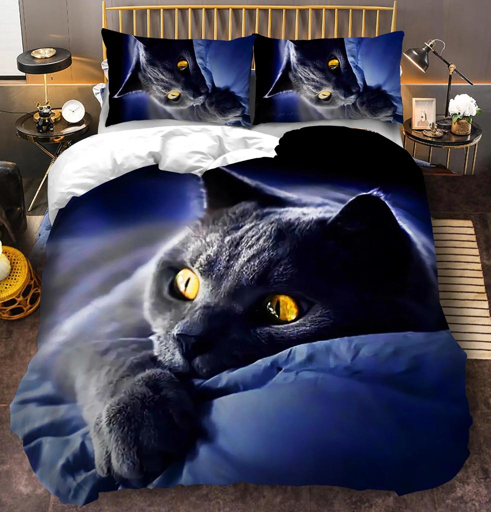 3D Cat Bedding Set For Girls Boys Cute Colorful Cat Pattern Bedspread 3 Piece Bold Color Black Animal Duvet Cover Set
