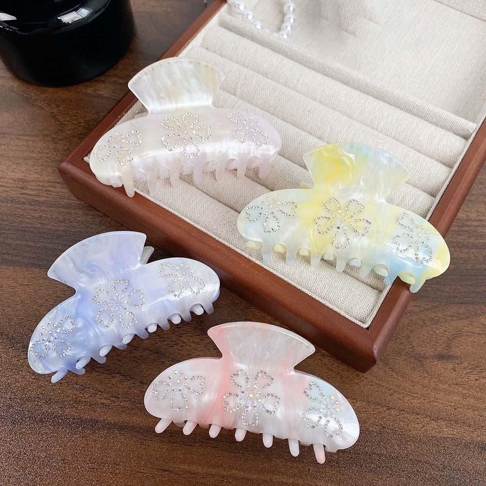 Iridescent Rhinestone-inlay Hair Claw Flower Acrylic Hair Claw Women Shark Clip Female