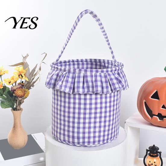 Reusable Storage Organizers Halloween Basket, Plaid Ruffle Trick or Treat Candy Bucket with Handle Home Organization Baskets for Kids, Gingham Fabric