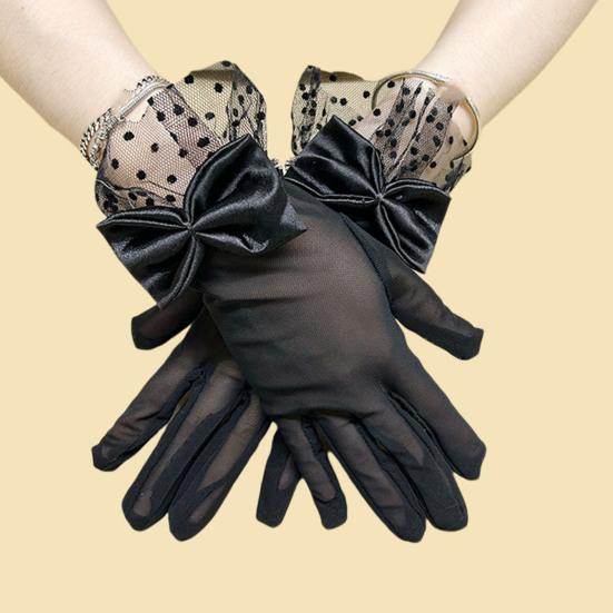1 пара женских перчаток для выпускного вечера, прозрачное кружево, декор в виде банта, ажурная сетка