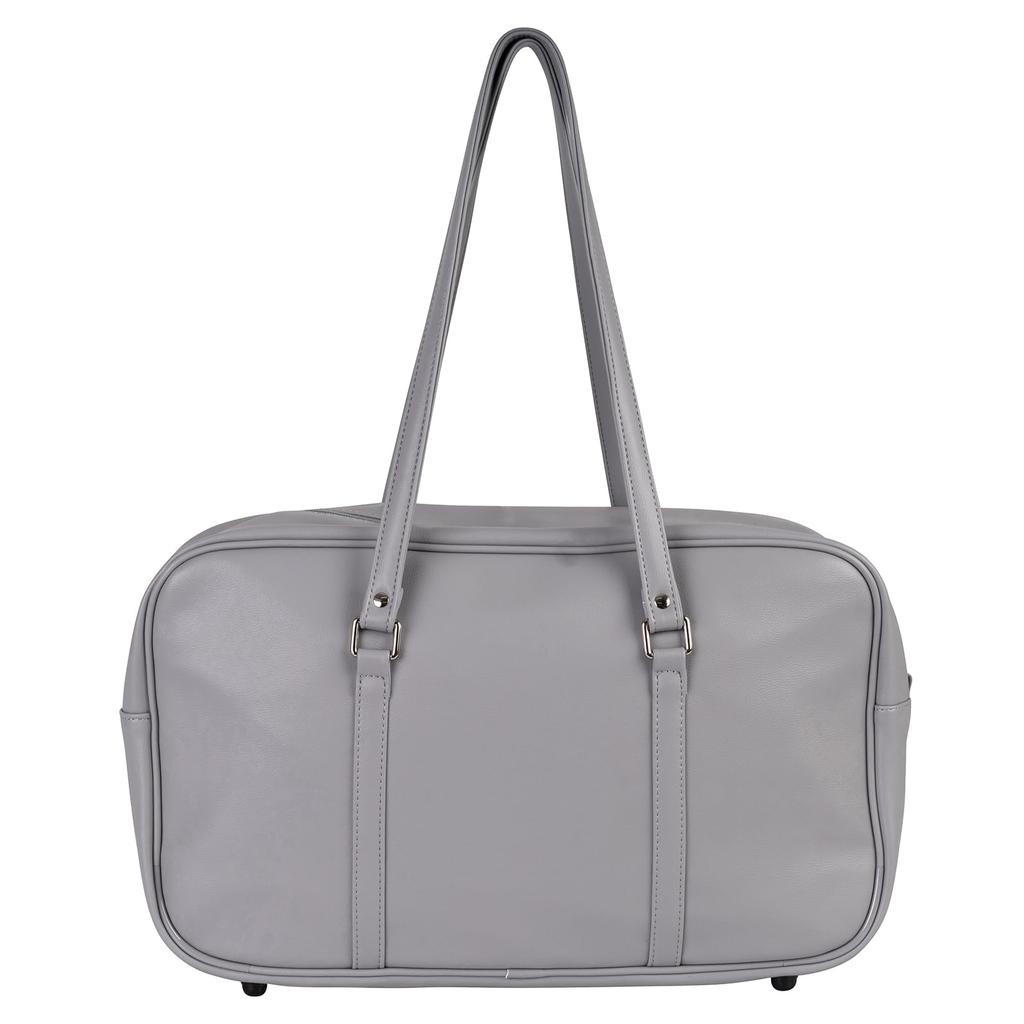 HeM School Bag Bestie High School Commuting Boston Faux Large with Charm x Beige [HEM] - Girls' Bag, Leather, Capacity, Lightweight, Unisex, Cute gray