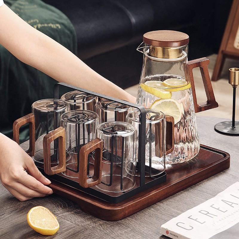 Heat-Resistant Glass Tea Cup Set With Wooden Handle Home Living Room Serving Guest Drinking