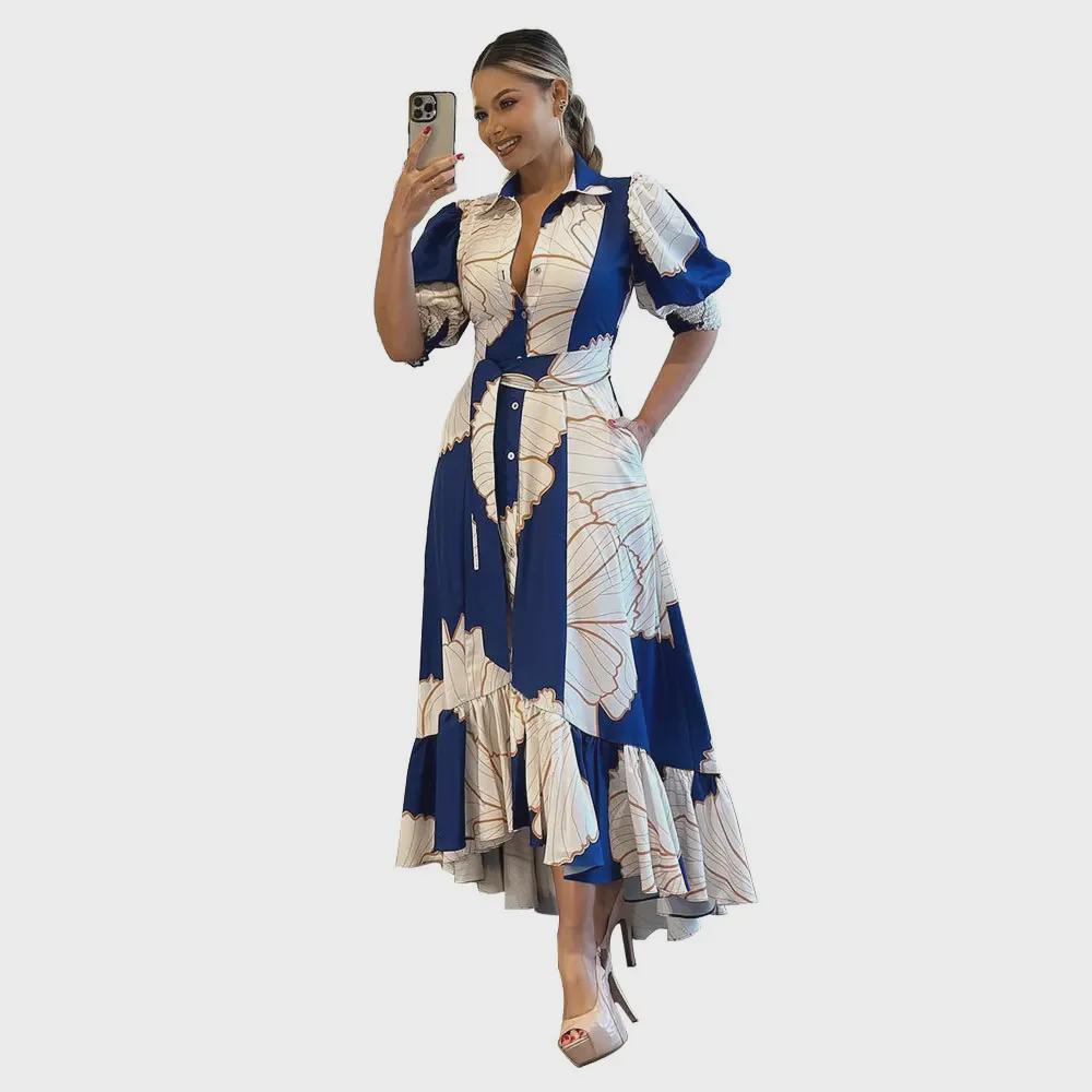 Платье-кардиган в стиле рубашки с завышенной талией и принтом в европейском и американском стиле с неровным подолом