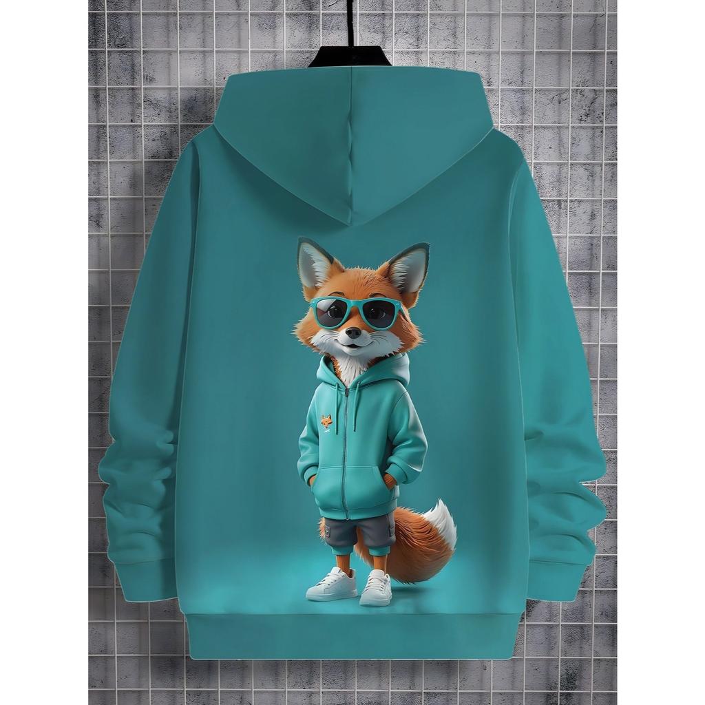 Boys' Hoodie - Green and Green Cool Fox with Fashion Glasses Pattern - Lightweight Daily and Formal Dress Up Hoodie